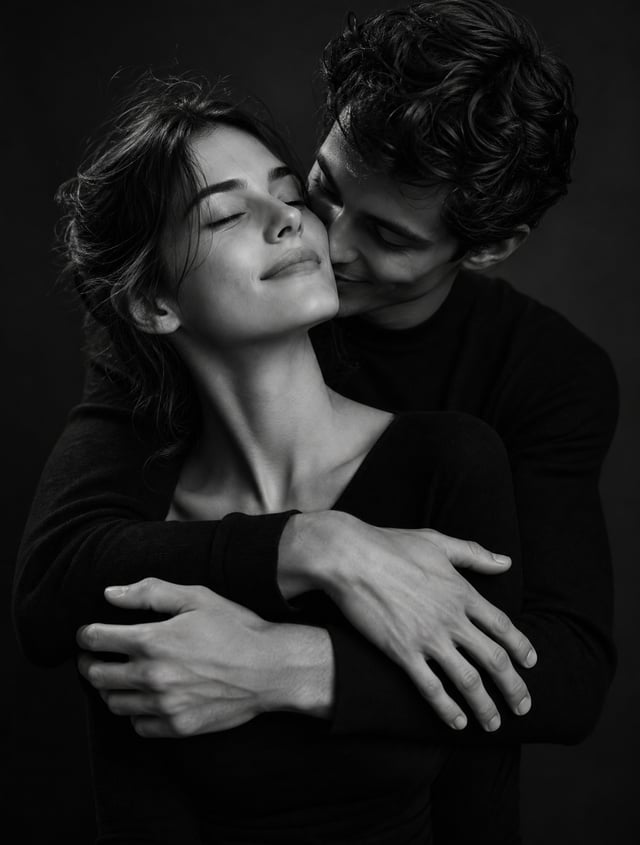 Create a black-and-white studio portrait of a couple in an intimate pose, in the style of fine art. 