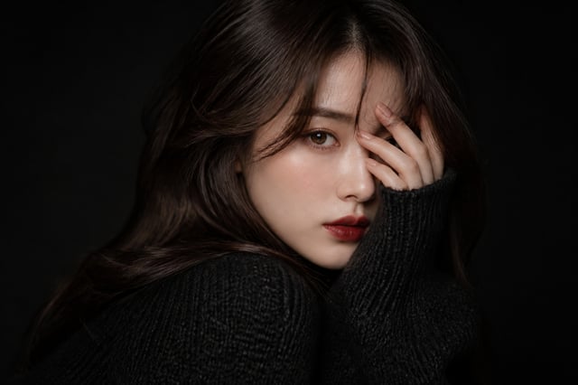 Ultra-realistic fashion beauty portrait of a stylish young woman with long silky dark-brown hair and