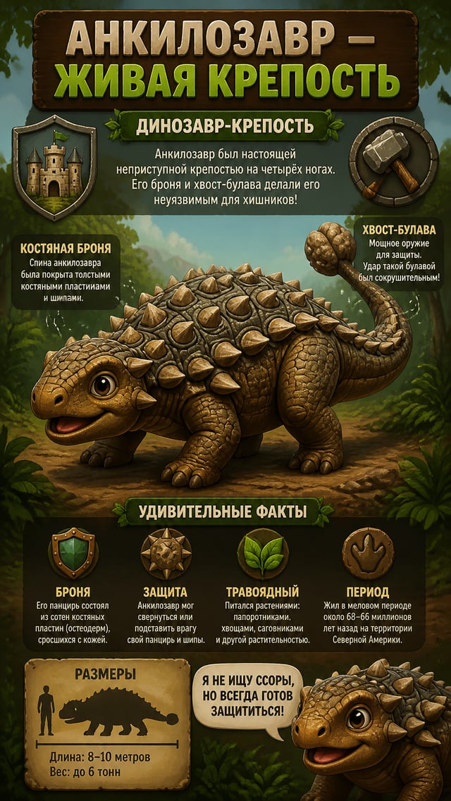 Анкилозавр — Живая крепостьИнфографика «Динозавр-крепость». Милый анкилозавр показывает бронированну