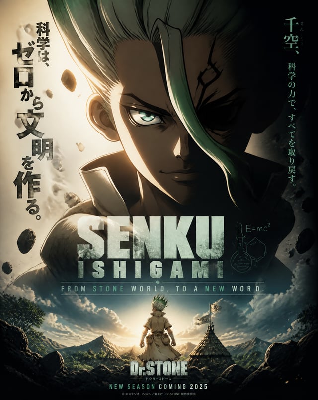 Design a promotional poster for a character inspired by the Dr. Stone series, with a vertical layout