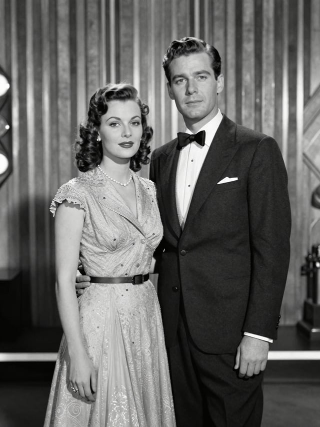 Create a 4K portrait of a thin couple dressed in classic 1940s formalwear, standing against an Art D
