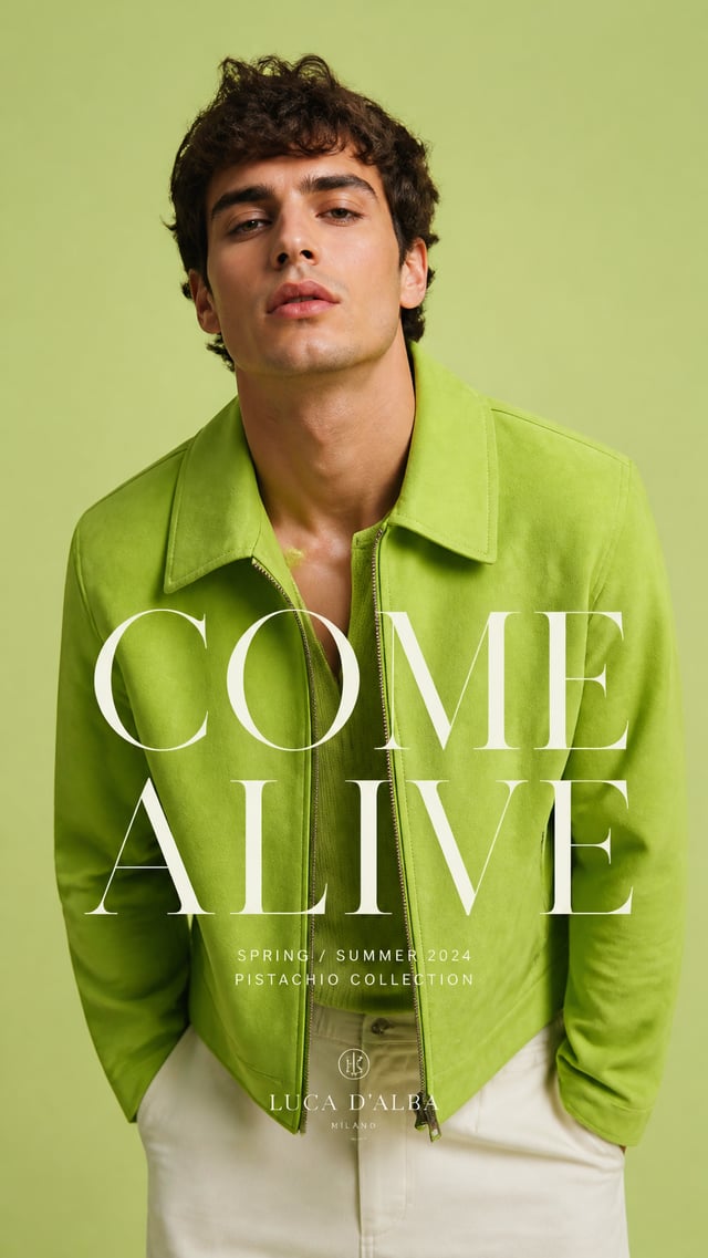 Luxury fashion editorial.Main Subject: Male model wearing a vivid pistachio jacket.Pose: Leaning sli