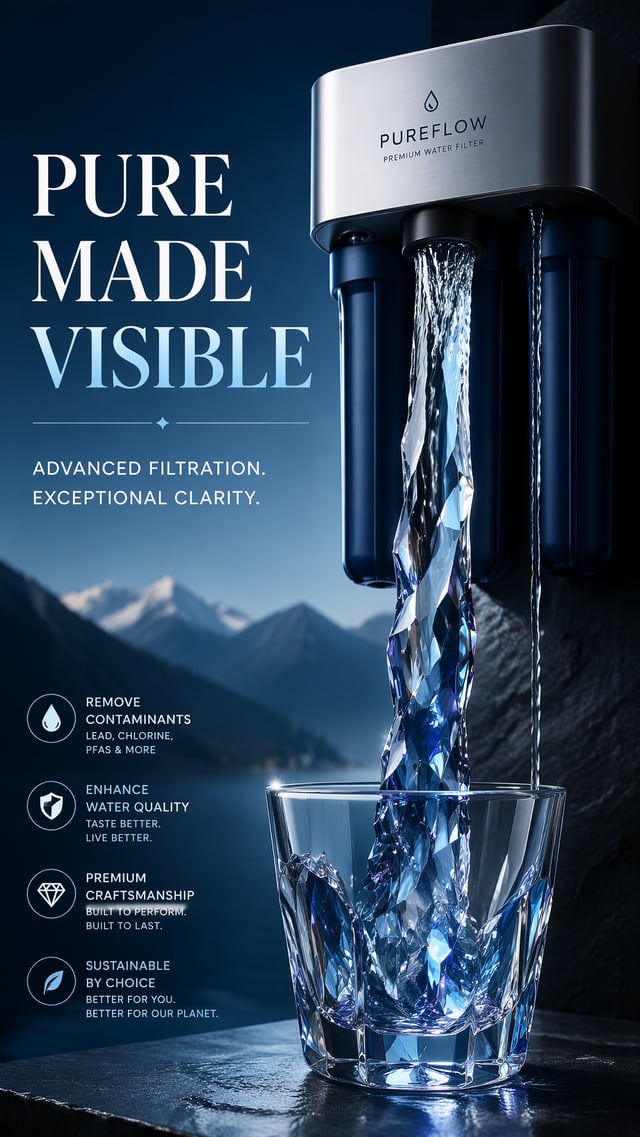 Premium Water FilterThe flowing water gradually changes into transparent sapphire glass.Headline:PUR