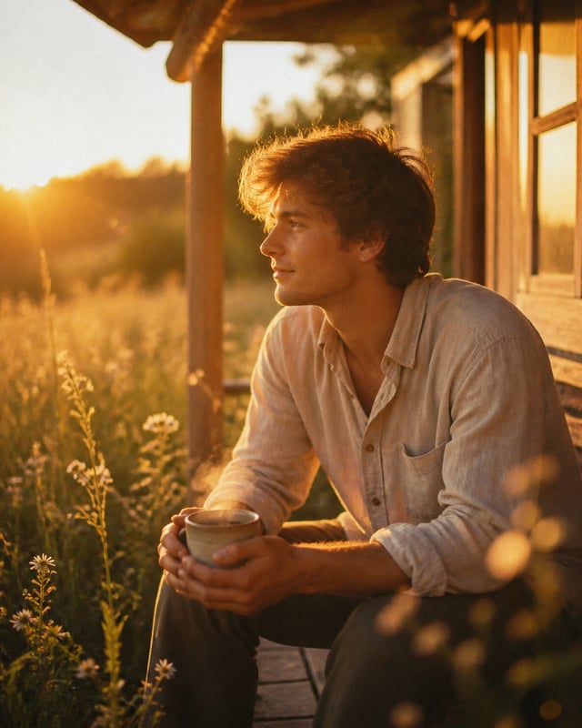 Warm candid lifestyle photograph of a young man in a soft beige linen shirt sitting on a wooden porc
