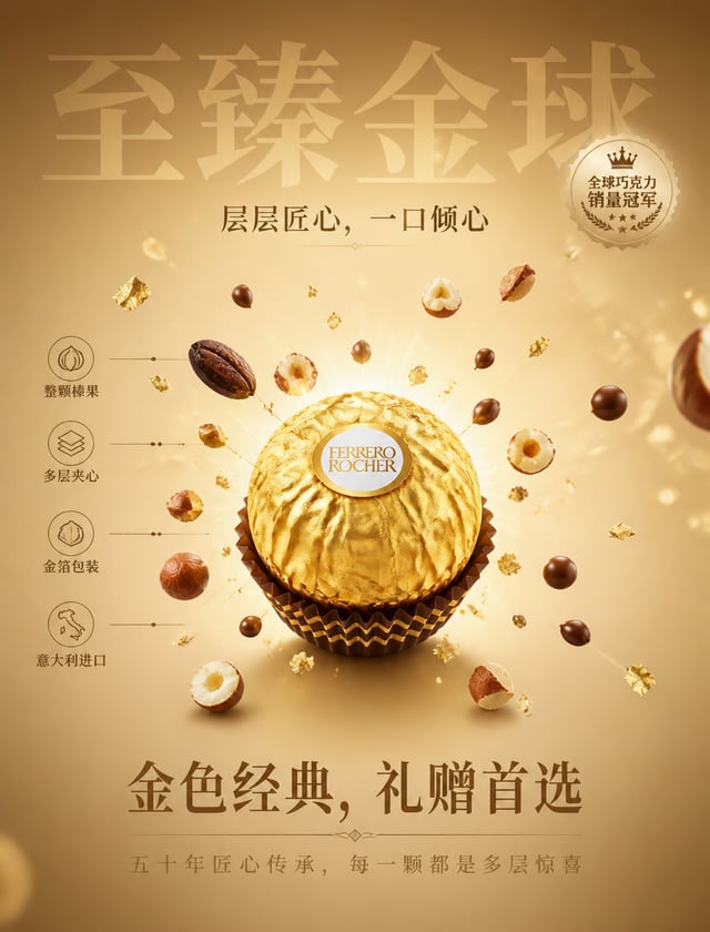 以上传的「费列罗Rocher金球巧克力」作为唯一精确参考，100% 保留原始品牌、包装、配色、Logo、文字、比例与外形，禁止重设计或篡改任何细节。背景与「香槟金」harmonize，使用该色的不同明