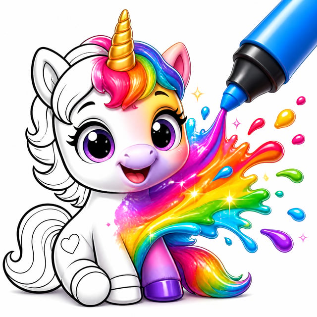 Create a premium children's coloring game app icon featuring an adorable baby unicorn with oversized