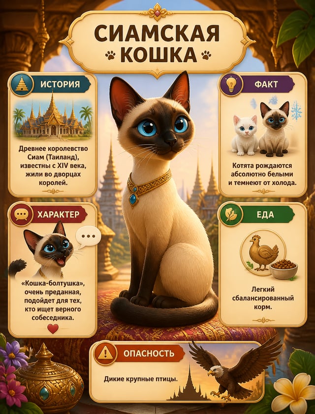 Детская обучающая инфографика, стиль Pixar 3D. Изображена элегантная сиамская кошка с выразительными