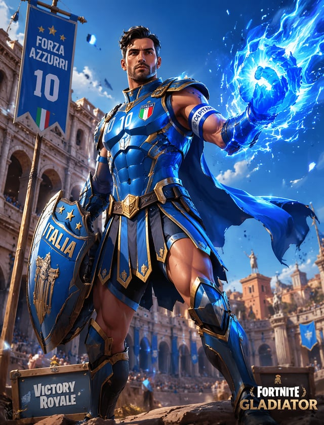 Italy Fortnite GladiatorИтальянский капитан как Fortnite‑гладиатор, лазурная броня, Рим и Колизей на