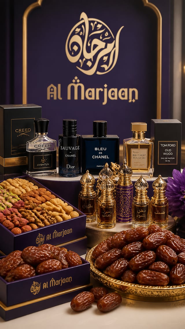 Al Marjaan premium quality display featuring a curated selection of imported perfumes, traditional a