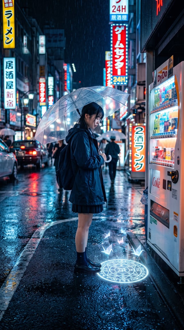 都市怪谈魔法使：雨夜霓虹城市，黑发少女撑透明伞站在自动贩卖机前，脚边浮现发光符咒与纸鹤式神，湿润柏油路倒影，冷青与暖红对比，电影感分镜，神秘克制。