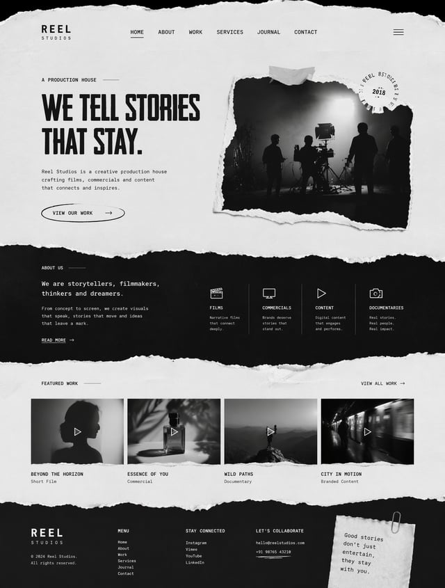 Create a torned paper style website for a production house with mono ui style