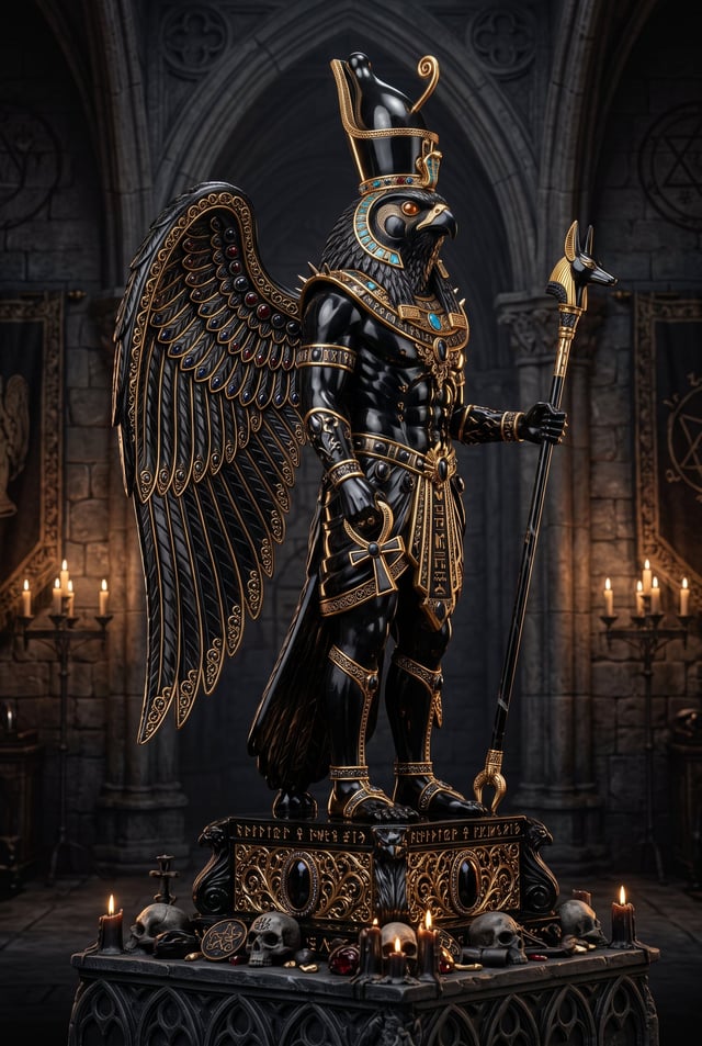 Create a goth inspired statue of HORUS. Made of polished intricate living polished obsidian, gold an