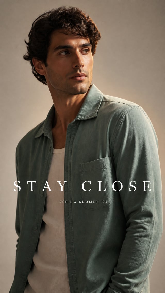 Premium fashion campaign.Main Subject: Male model wearing an ocean-green overshirt.Creative Directio