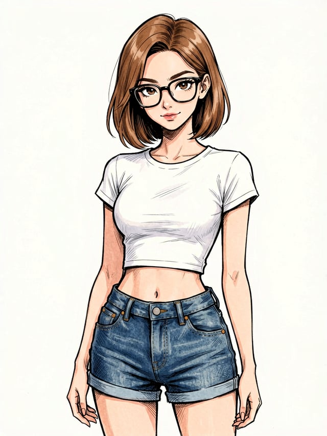 Illustration style, crisp inked outlines with controlled line weight, crosshatch shadows.Tina is an 