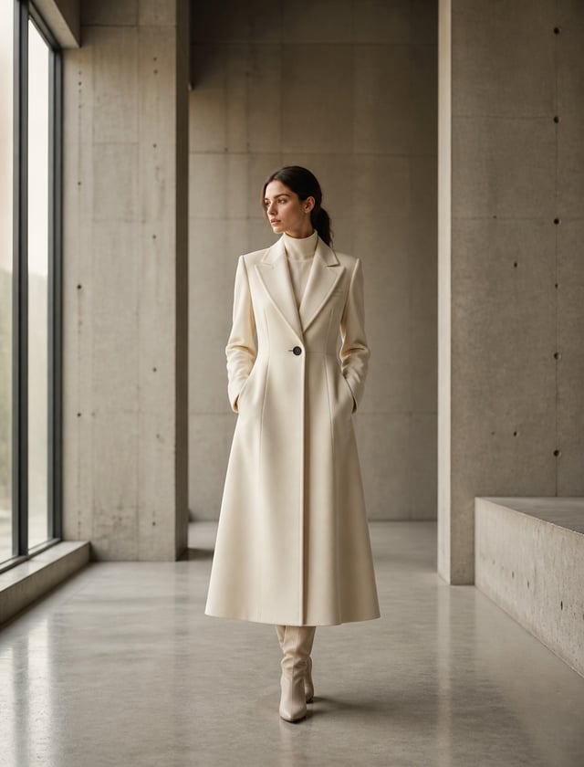 Full-body editorial fashion portrait of an elegant woman wearing a structured, tailored ivory wool c