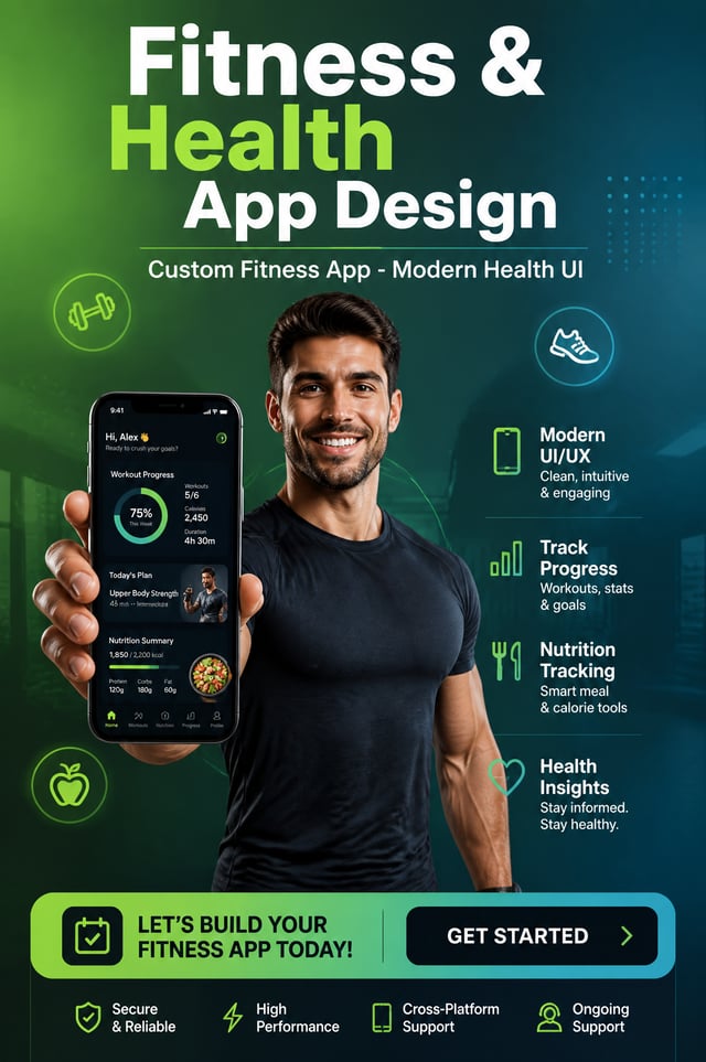 Vertical ad with headline: 'Fitness & Health App Design' and subhead: 'Custom Fitness App - Modern H