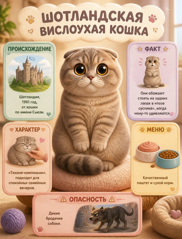 Милая детская инфографика в стиле Pixar. По центру сидит круглый шотландский вислоухий кот со смешны