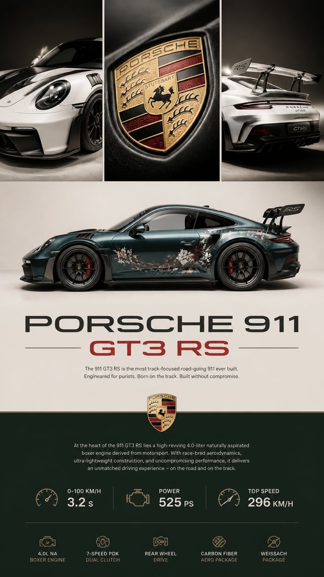 Ultra-premium automotive advertisement poster featuring a Porsche 911 GT3 RS in a luxury editorial l