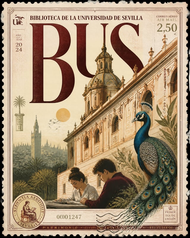 Design a premium 4:5 collectible postal-stamp poster for bIBLIOTECA DE LA uNIVERSIDAD DE sEVILLA, wh
