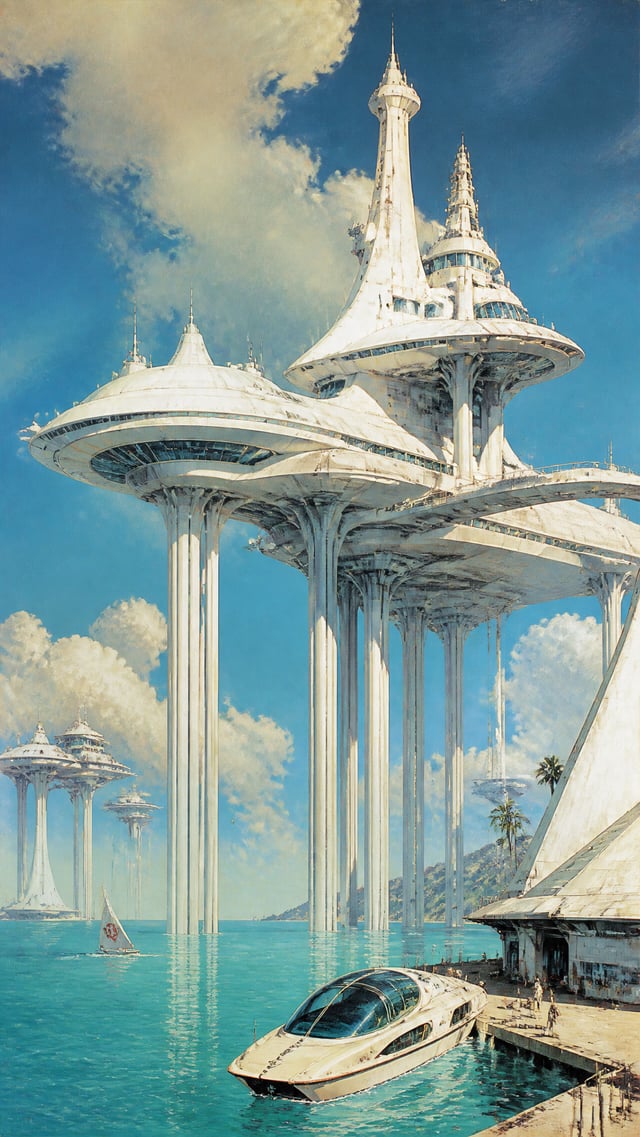 A monumental futuristic white megastructure elevated on towering slender stilts above a calm turquoi