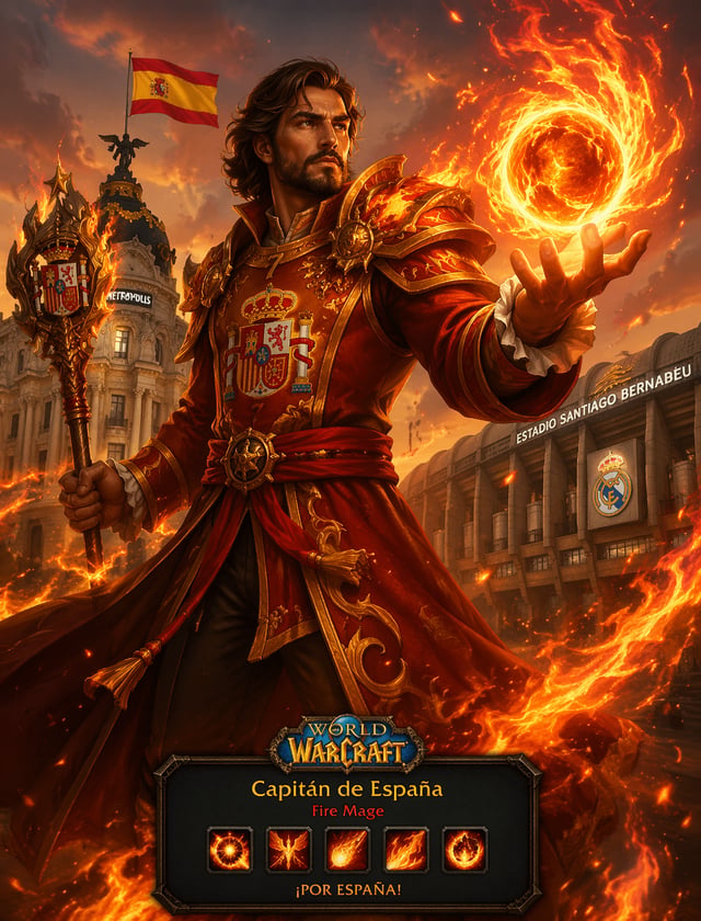 Spain WoW Fire MageИспанский капитан как огненный маг WoW, красно‑золотые заклинания, Мадрид и Берна