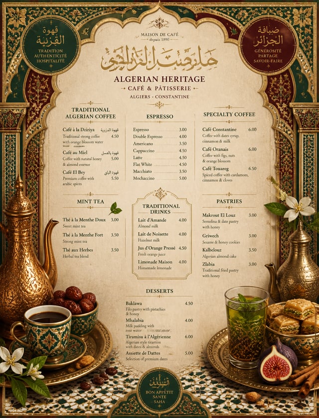 Luxury maximalist coffee shop menu design inspired by Algerian heritage, rich editorial layout with 