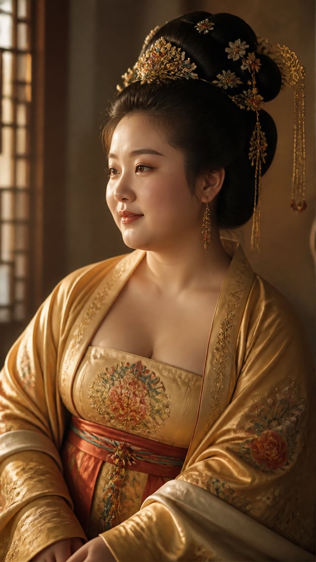 汉服美女，身着精致刺绣的明制汉服，面容温婉典雅，体态丰腴圆润，展现出大唐仕女般的富贵气韵。