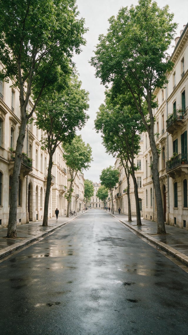 Ultra realistic urban street photography of a quiet European style city avenue just after rainfall, 