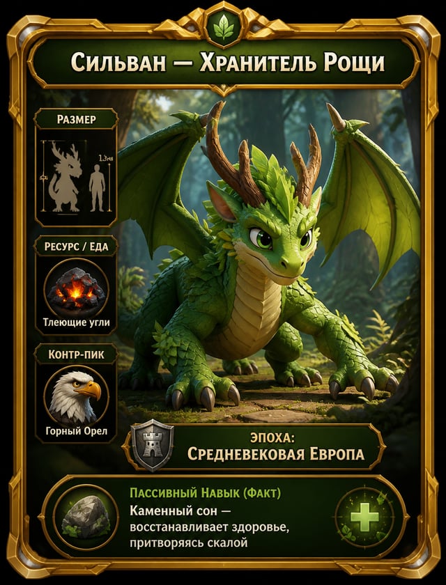 Игровая карточка персонажа (MOBA Hero Card) в стиле Pixar. По центру — милый зеленый Лесной Дракон в