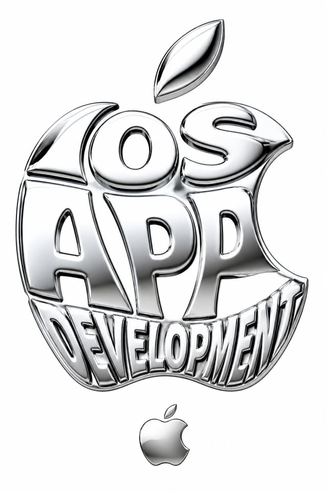 Create a typographic illustration shaped like a Apple, where the text IOS APP DEVELOPMENT forms the 