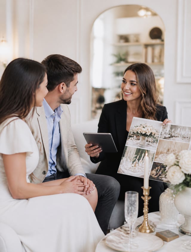 Cinematic, highly realistic 8k photo of a professional wedding planner meeting with a couple in a br