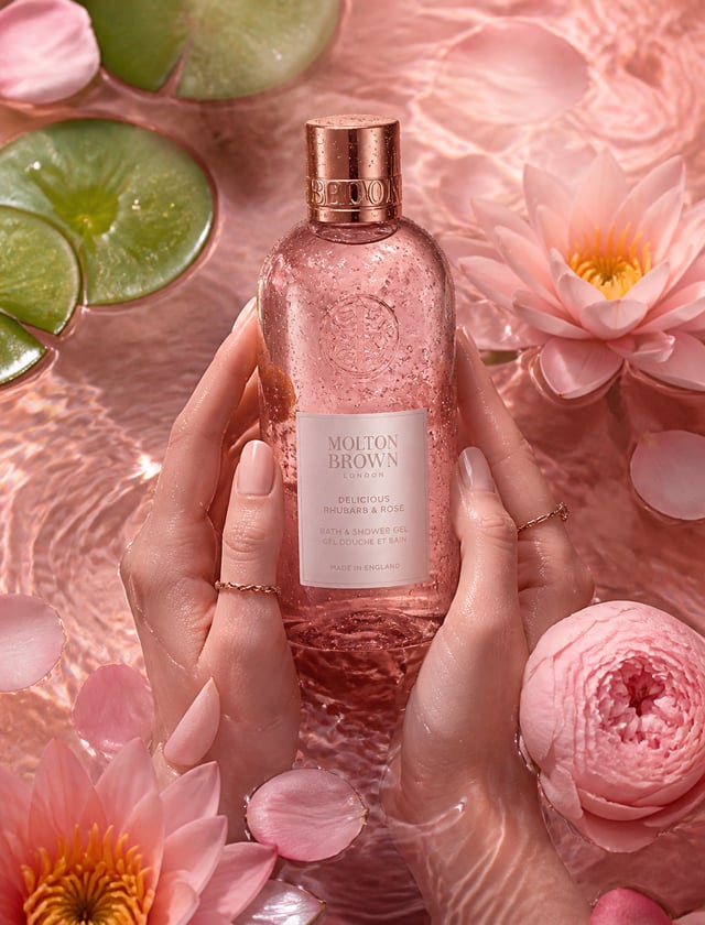 Luxury product photography of a translucent blush-pink bath and shower gel bottle held gracefully by