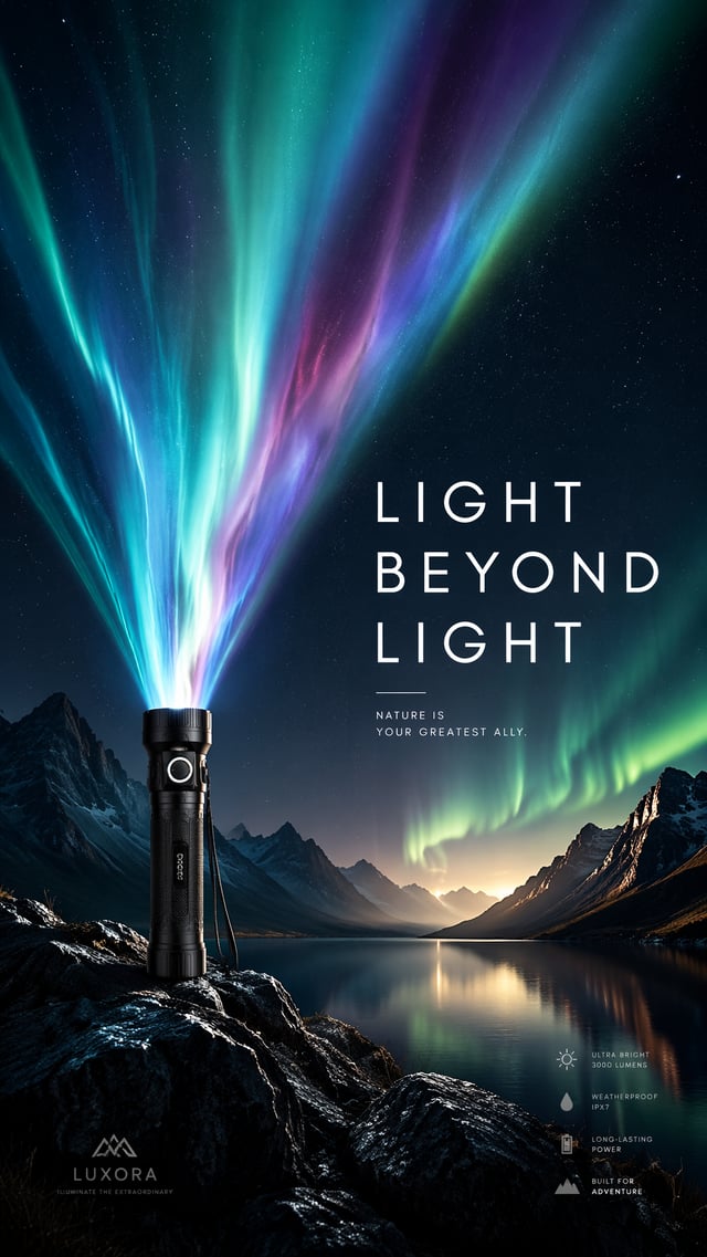 A premium 9:16 outdoor advertising poster.Main Subject:A premium flashlight.Instead of a normal beam