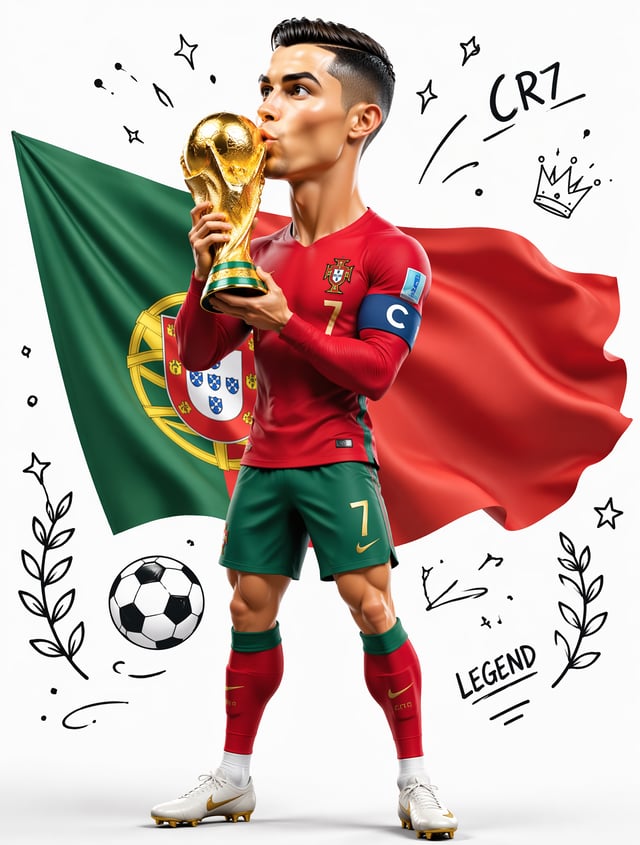 A stylized 3D caricature of Cristiano Ronaldo stands proudly in a premium studio setting, wearing th