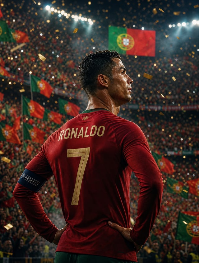 Cristiano Ronaldo stands alone with both hands on his hips, looking silently toward a roaring footba