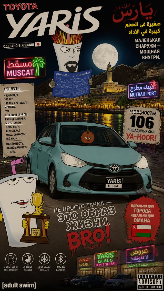 Текст на русском языкеCreate a surreal lo-fi premium automotive poster of Toyota Yaris 