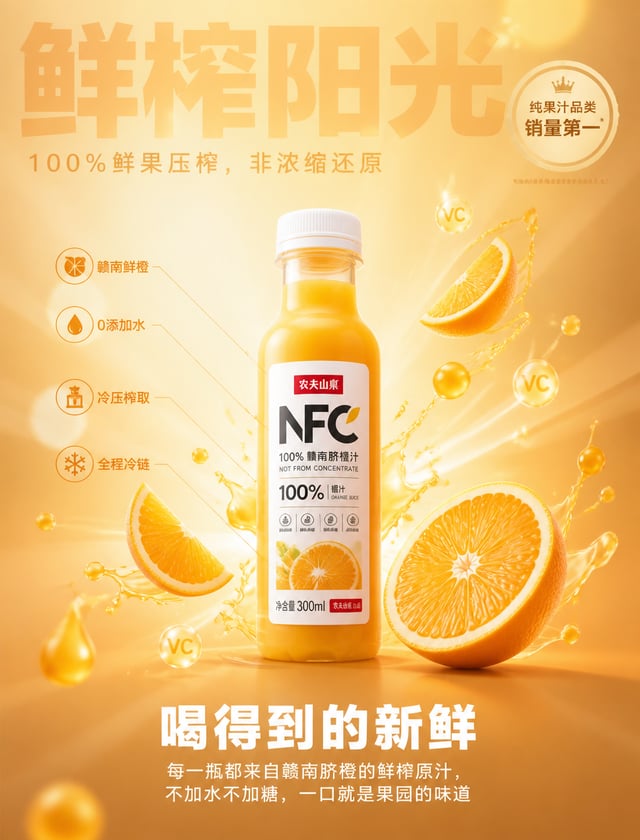 以上传的「农夫山泉 NFC 橙汁瓶」作为唯一精确参考，100% 保留原始品牌、包装、配色、Logo、文字、比例与外形，禁止重设计或篡改任何细节。背景与「阳光橙」harmonize，使用该色的不同明度构
