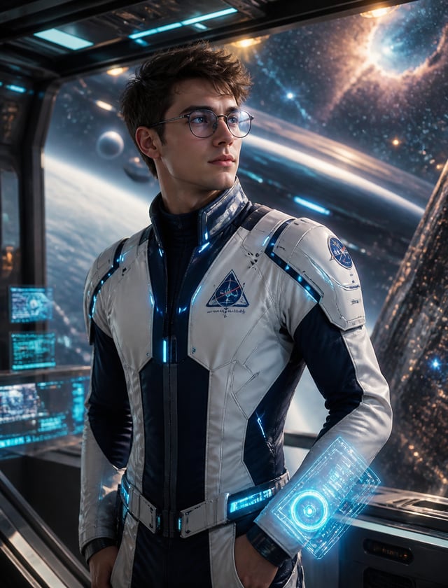 Ultra-realistic cinematic portrait of the same young man as a futuristic space explorer in the year 