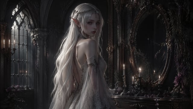 The image depicts a gothic fantasy scene featuring an ethereal female figure with long, flowing whit