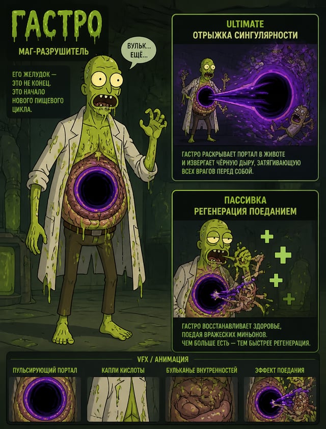 ГАСТРО — Стиль: Rick and MortyРоль: Маг-разрушитель | Внешность: гуманоид с открытым животом-портало