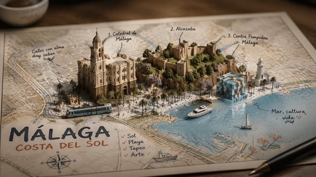 Un mapa de estilo callejero de Malaga colocado en un {MAP_SURFACE}, con una versión fotorealista en 