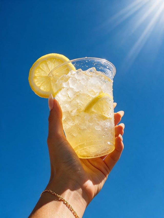 The photo shows a bright summer shot taken from bottom to top against a clear, intense blue sky with