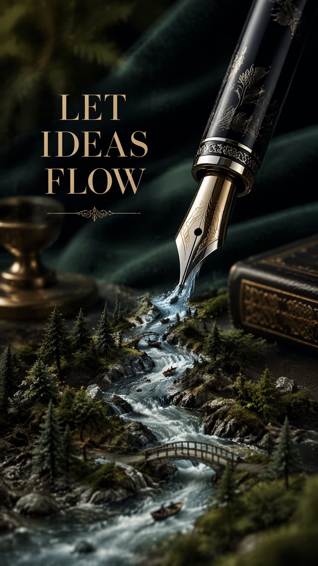 A premium 9:16 luxury pen advertising poster.Main Subject:A premium fountain pen.Instead of ink,a re
