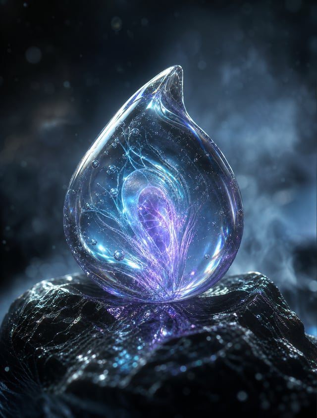 A mysterious alien seed resting on polished black obsidian, crafted entirely from transparent liquid