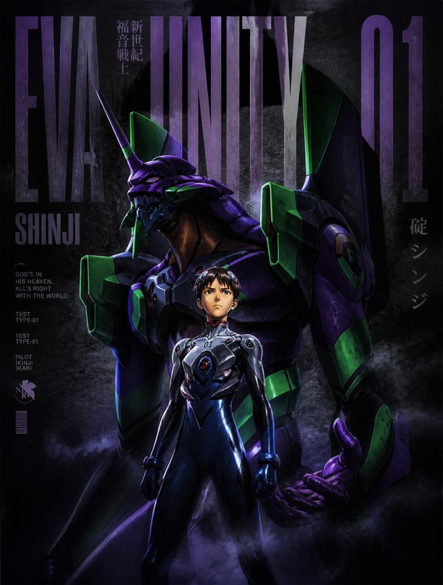 Highly detailed anime illustration of Neon Genesis Evangelion in digital art graphic style, intense 