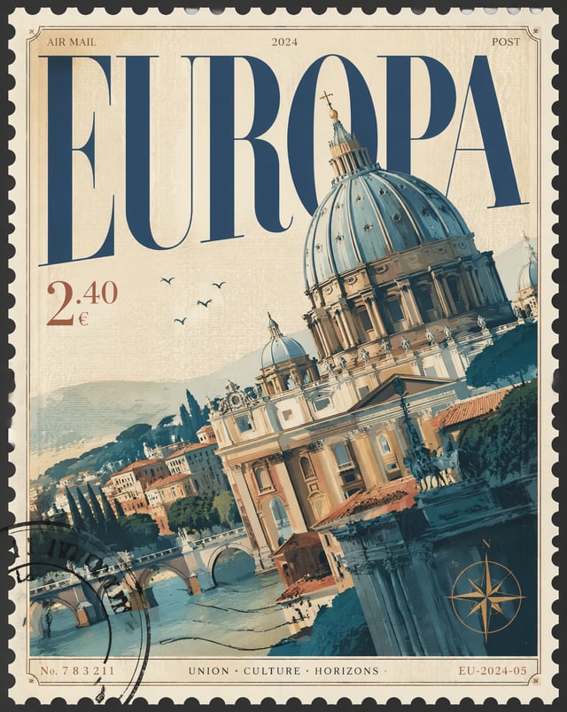 Design a premium 4:5 collectible postal-stamp poster for EUROPA, where the entire composition is one