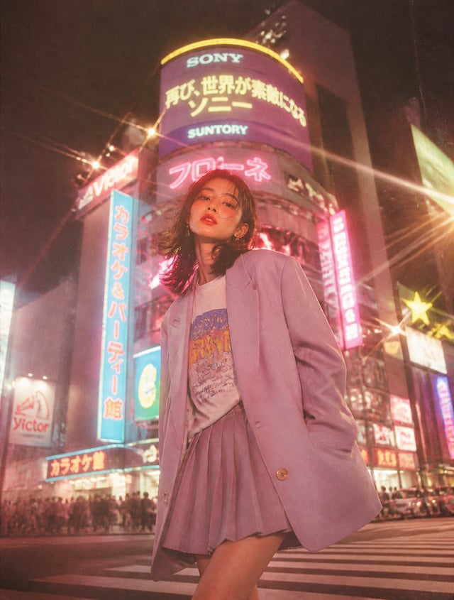 A dreamy cinematic photo of a young Japanese woman in her early 20s standing at a Tokyo pedestrian c