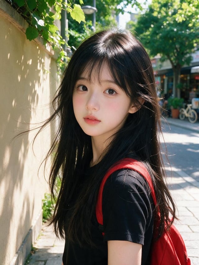 Beautiful young Japanese girl with long silky black hair and soft wispy bangs, large expressive dark