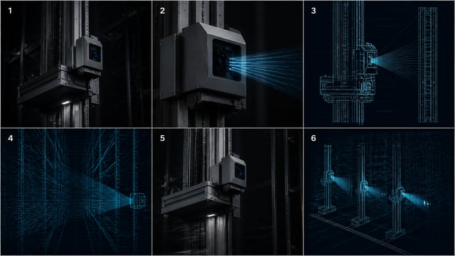 Storyboard sheet, 6 sequential panels in a 3-column by 2-row grid, thin neutral gutters, read left t
