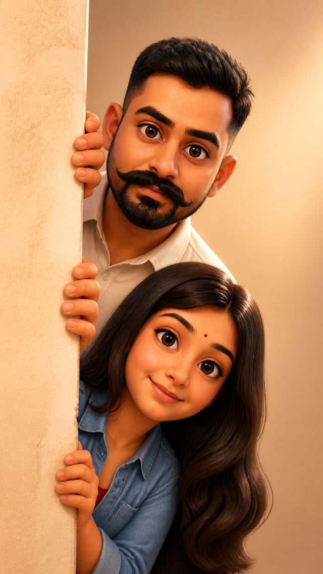 High-quality stylized 3D Pixar/Disney style cartoon illustration of a man and woman playfully peekin